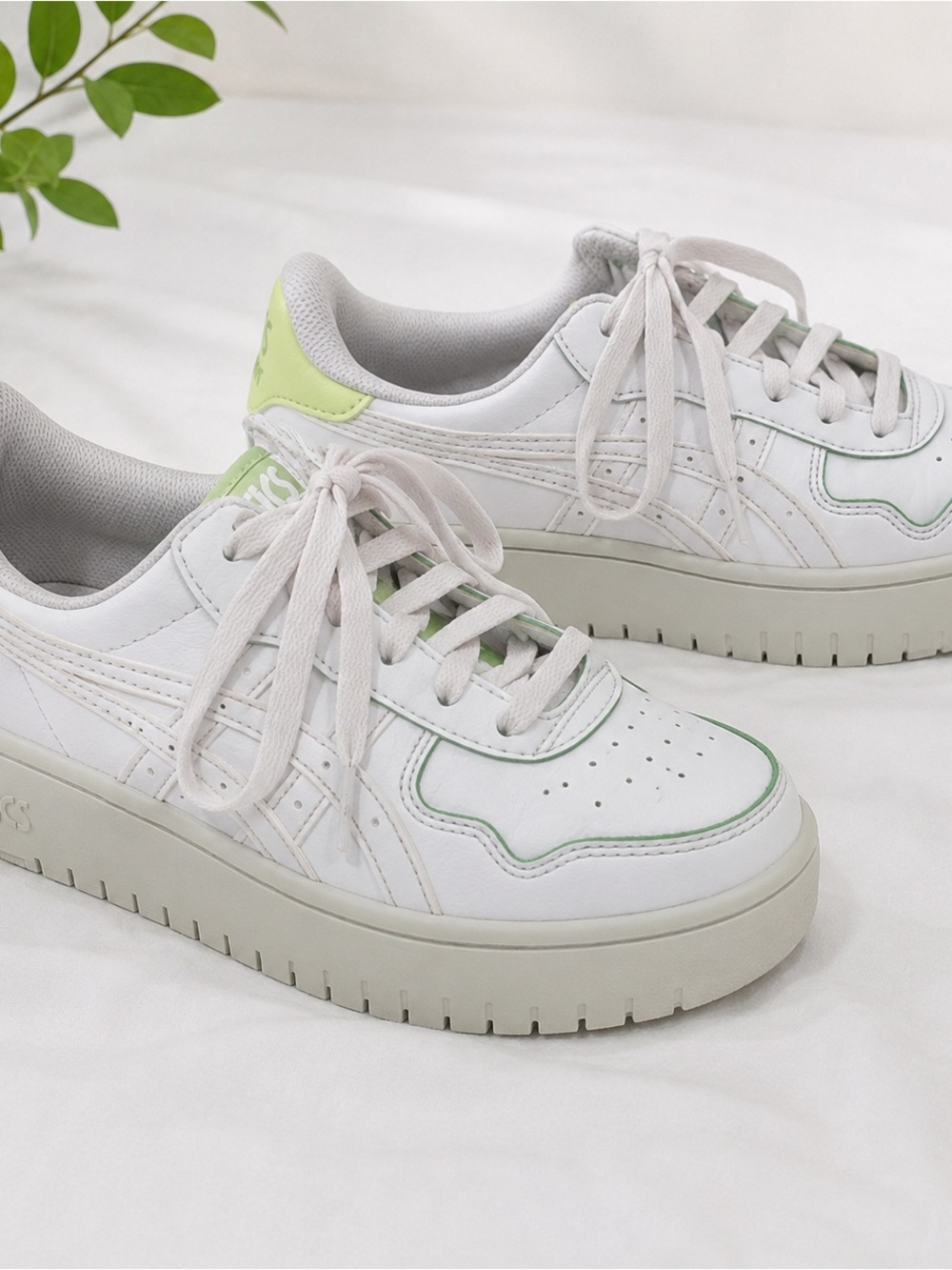 ASICS Women's Japan Platform Casual Sneakers in White with Matcha Accent sz8